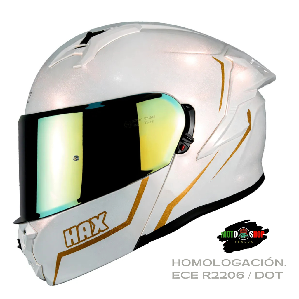 CASCO ABATIBLE HAX OBSIDIAN BLANCO DORADO BRILLOSO