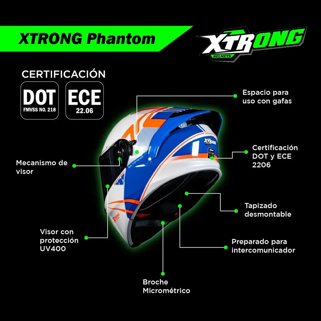 CASCO ABATIBLE XTRONG XTR-128 PHANTOM FLOWING BLANCO AZUL BRILLOSO