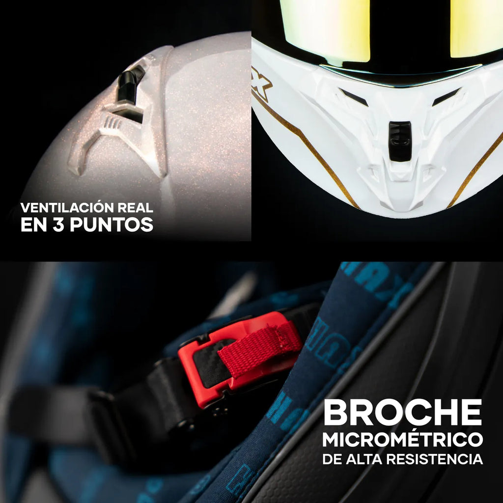 CASCO ABATIBLE HAX OBSIDIAN BLANCO DORADO BRILLOSO