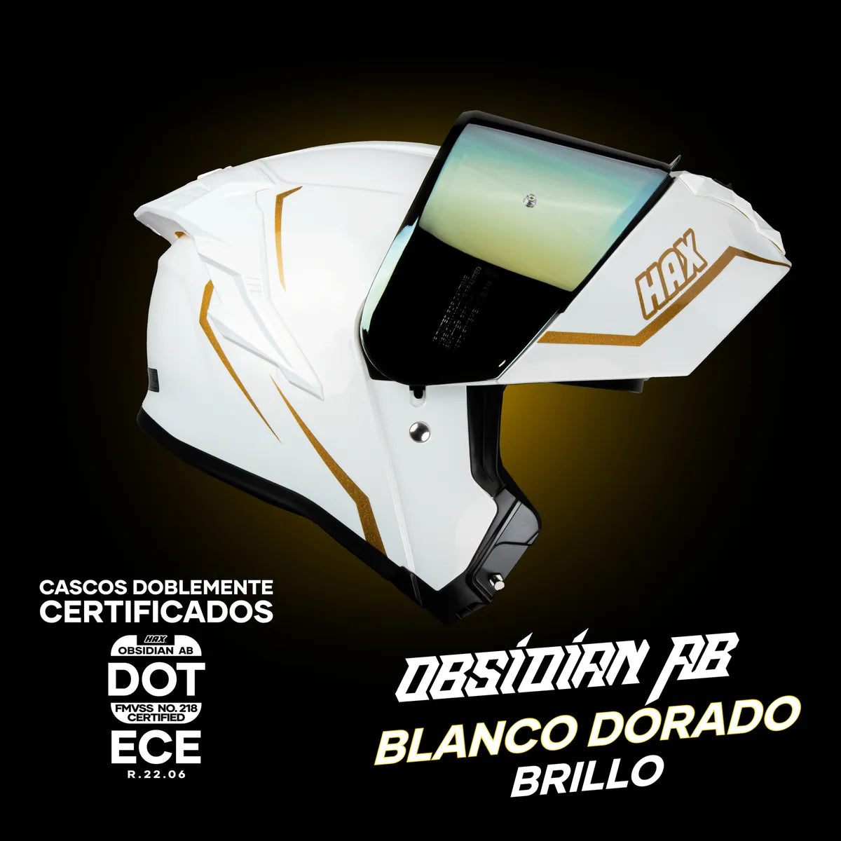 CASCO ABATIBLE HAX OBSIDIAN BLANCO DORADO BRILLOSO