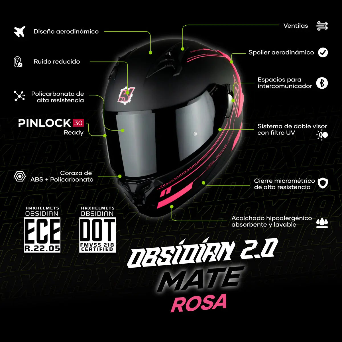 CASCO INTEGRAL HAX OBSIDIAN NEGRO ROSA MATE
