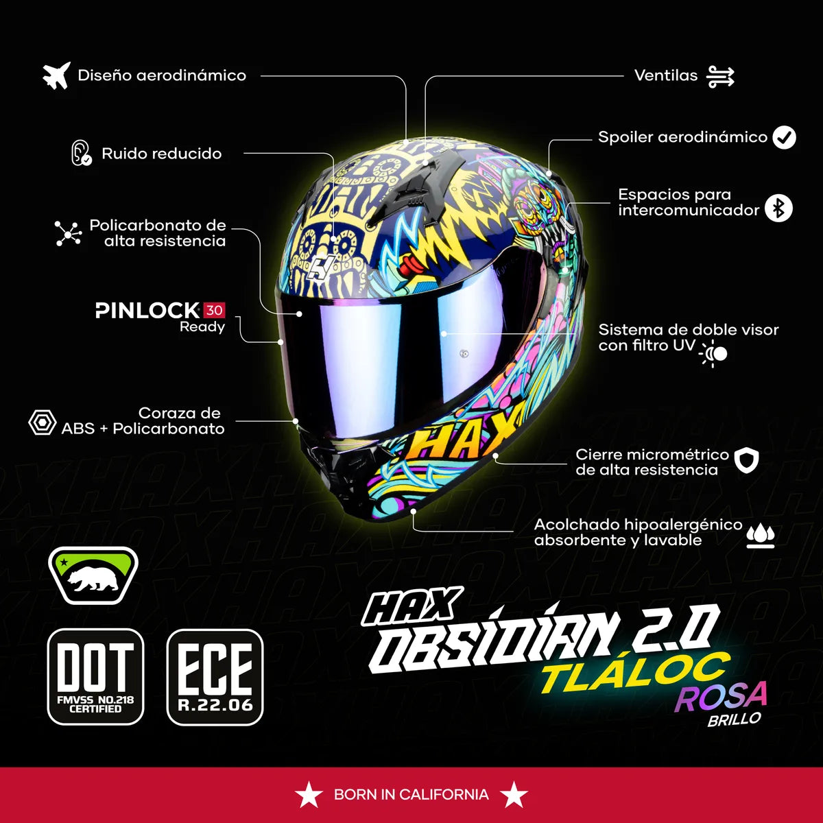 CASCO INTEGRAL HAX OBSIDIAN TLALOC FULL COLORS BRILLOSO