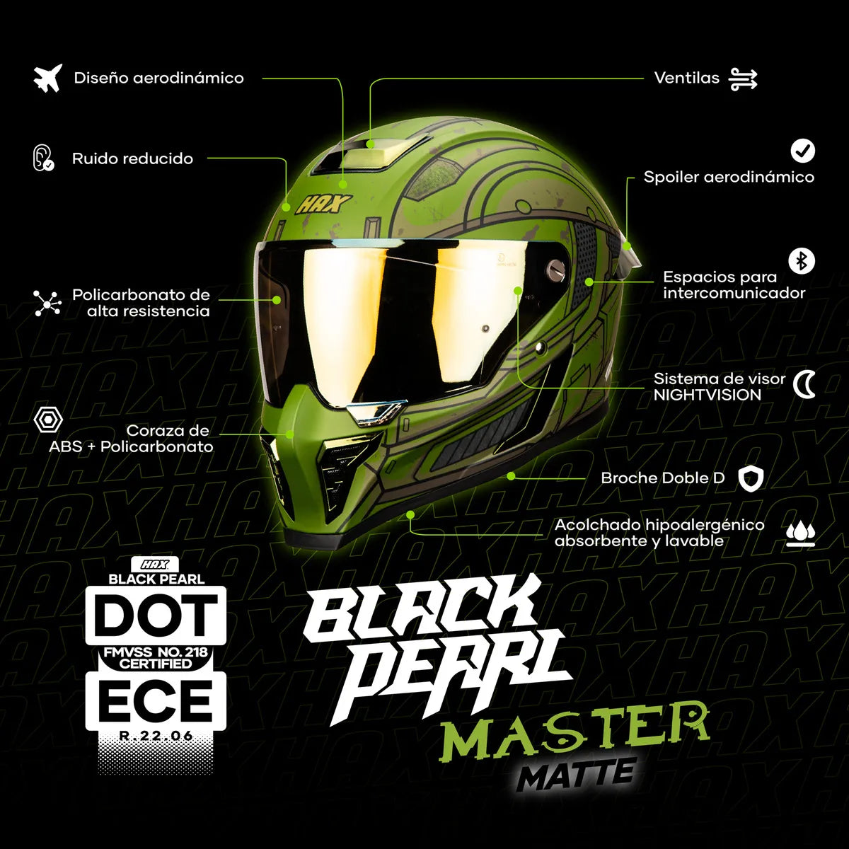 CASCO INTEGRAL HAX BLACK PEARL APARTAN VERDE MATE