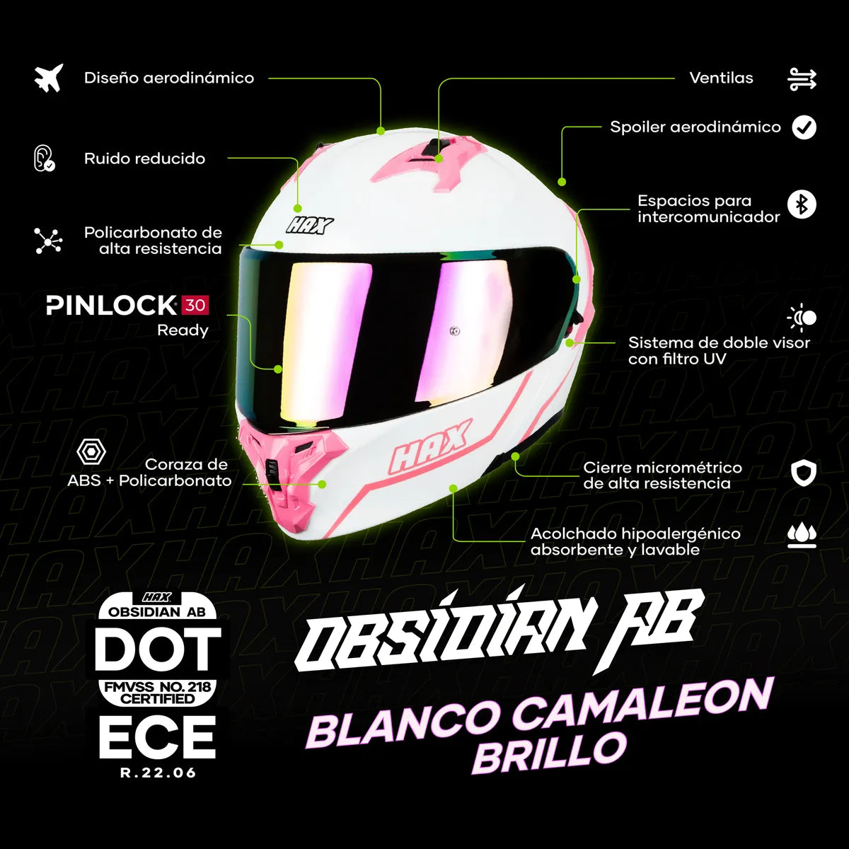 CASCO ABATIBLE HAX OBSIDIAN BLANCO ROSA BRILLOSO
