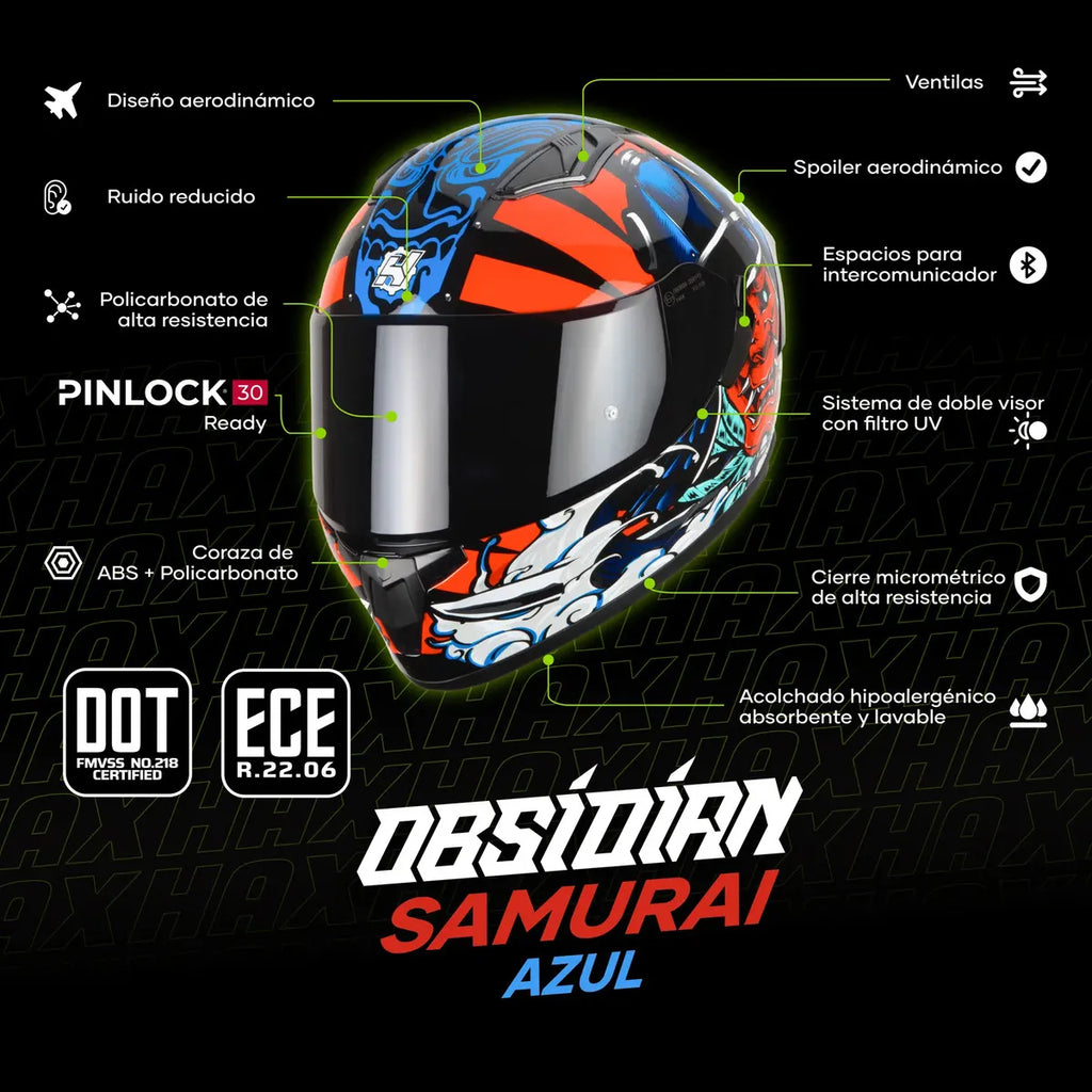 CASCO INTEGRAL HAX OBSIDIAN SAMURAI NEGRO AZUL