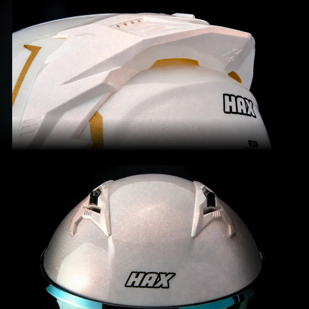 CASCO ABATIBLE HAX OBSIDIAN BLANCO DORADO BRILLOSO