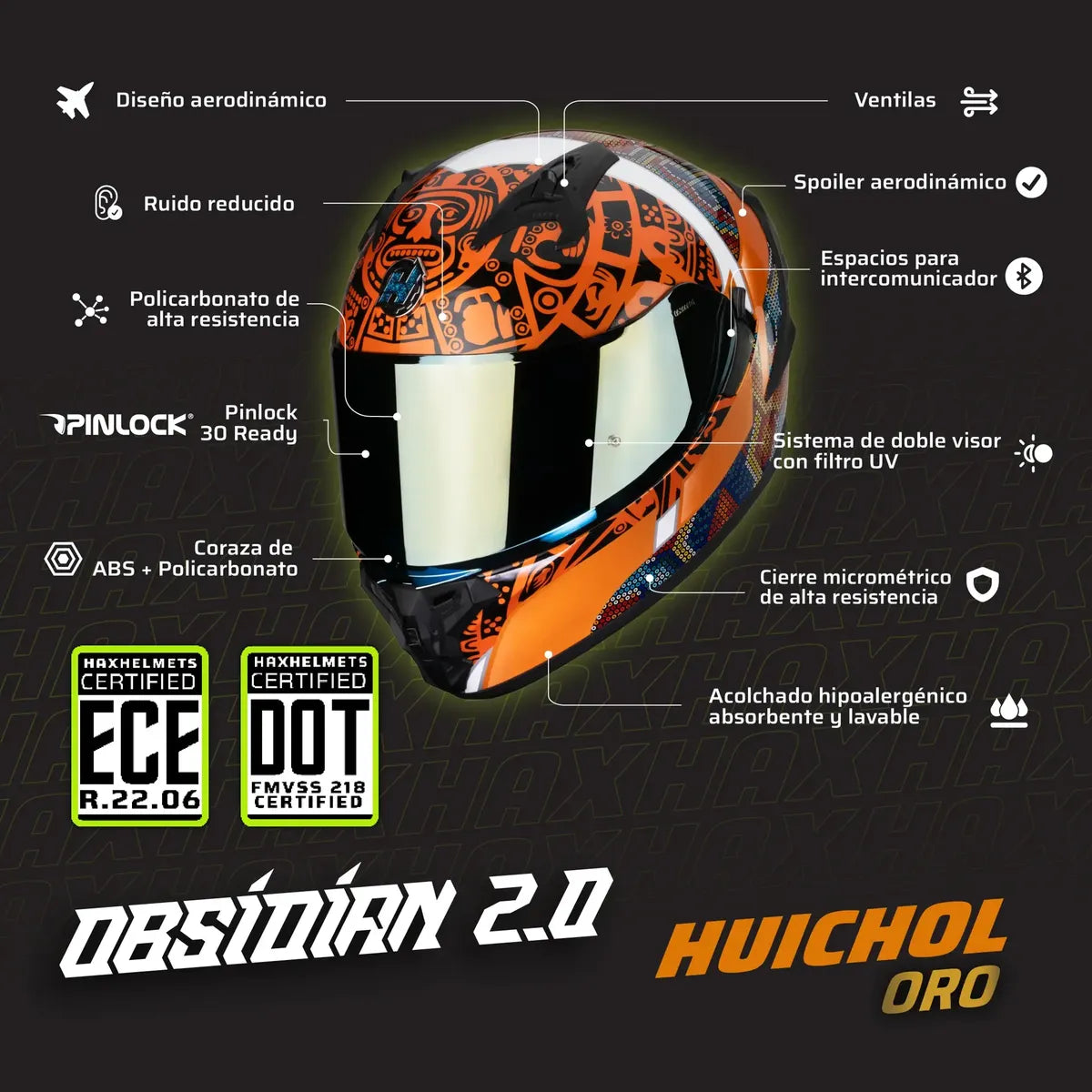 CASCO INTEGRAL HAX OBSIDIAN HUICHOL DORADO BRILLOSO