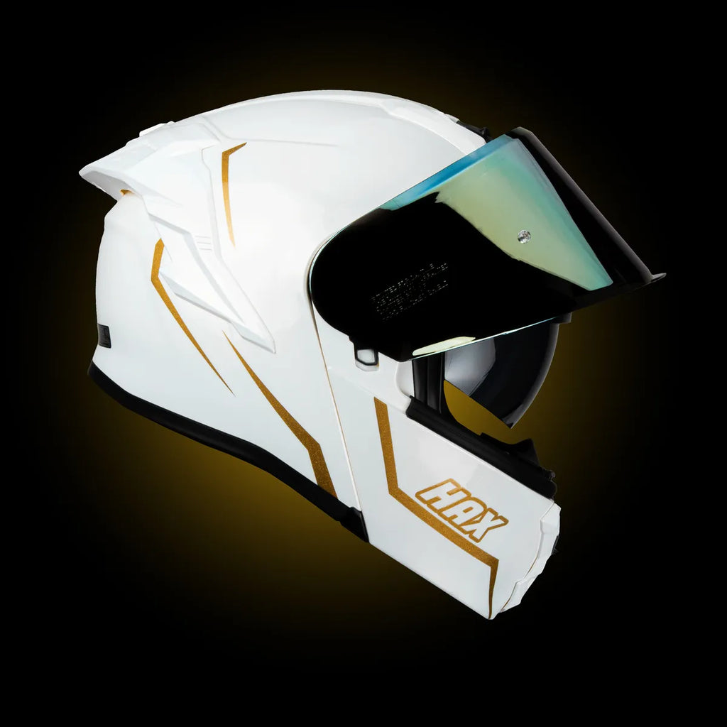 CASCO ABATIBLE HAX OBSIDIAN BLANCO DORADO BRILLOSO