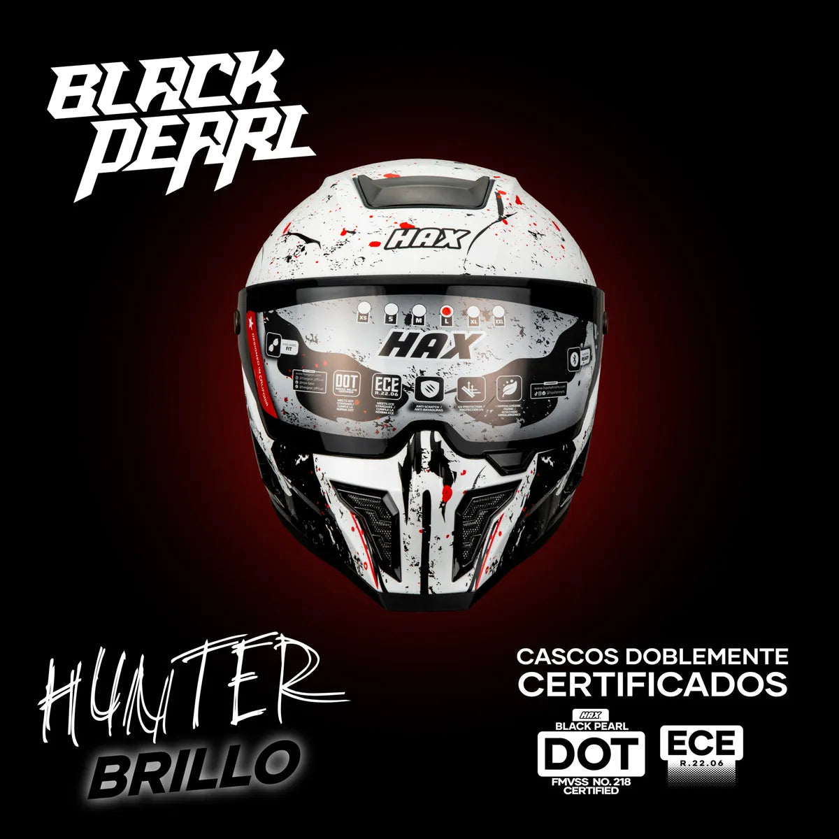CASCO INTEGRAL HAX BLACK PEARL HUNTER NEGRO BLANCO BRILLOSO