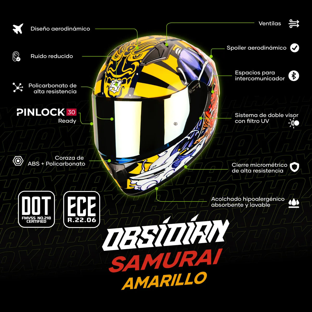 CASCO INTEGRAL HAX OBSIDIAN SAMURAI NEGRO DORADO BRILLOSO