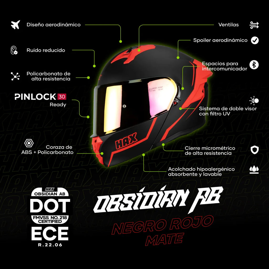 CASCO ABATIBLE HAX OBSIDIAN NEGRO ROJO MATE