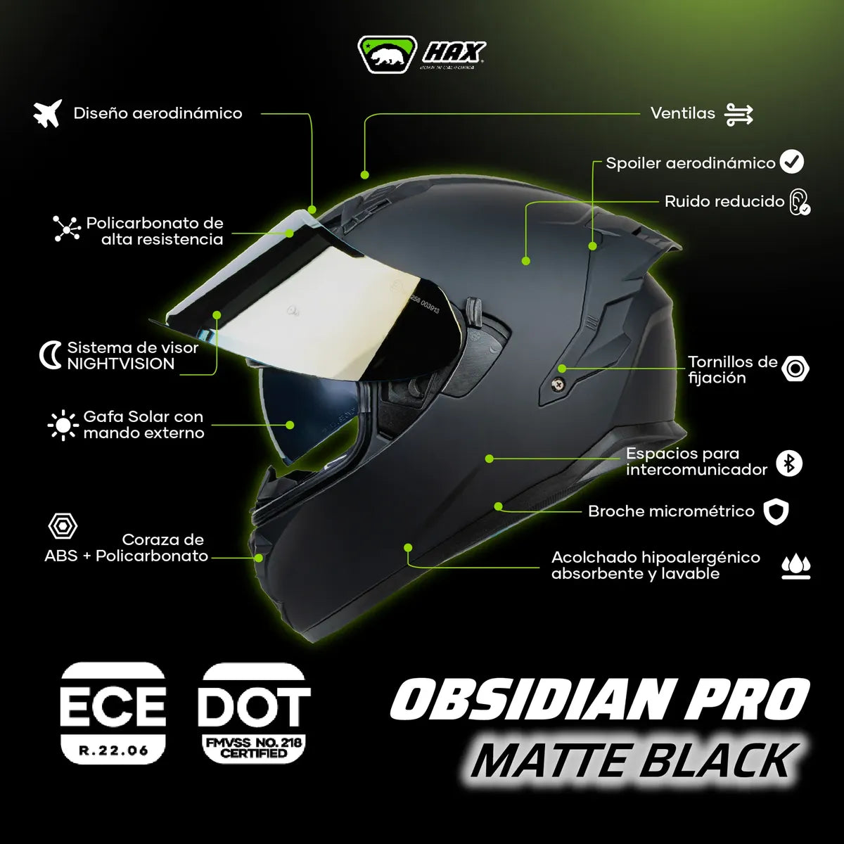 CASCO INTEGRAL HAX OBSIDIAN PRO NEGRO MATE