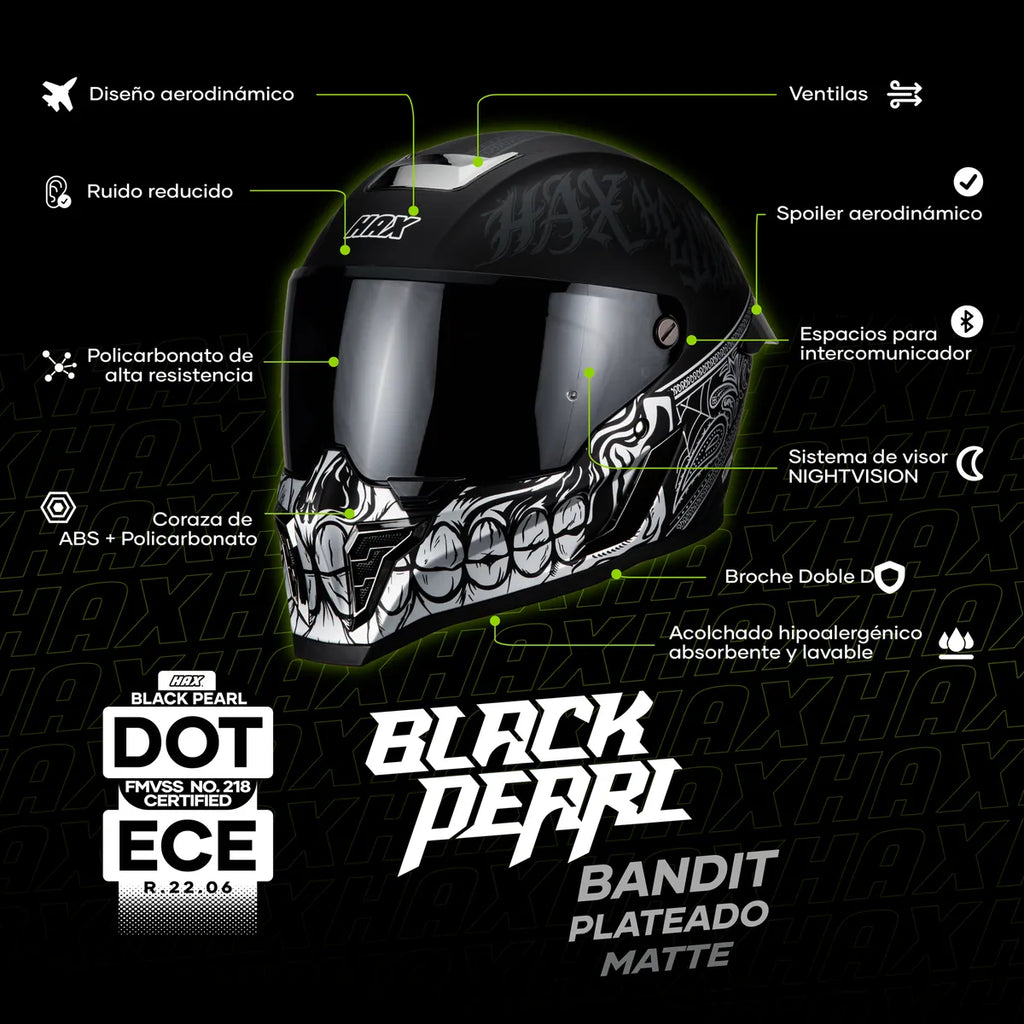 CASCO INTEGRAL HAX BLACK PEARL BANDIT NEGRO BLANCO MATE