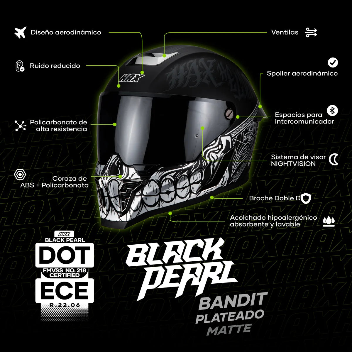 CASCO INTEGRAL HAX BLACK PEARL BANDIT NEGRO BLANCO MATE
