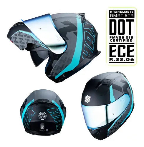 CASCO HAX ABATIBLE AMATISTA NEGRO MATE TURQUESA